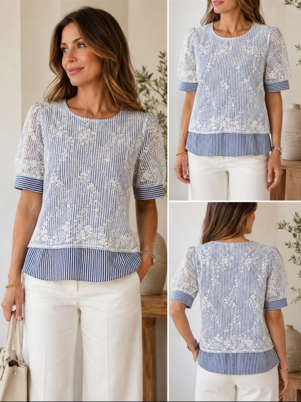 New Blue & White Lace-Overlay Short Sleeve blouse with tag medium